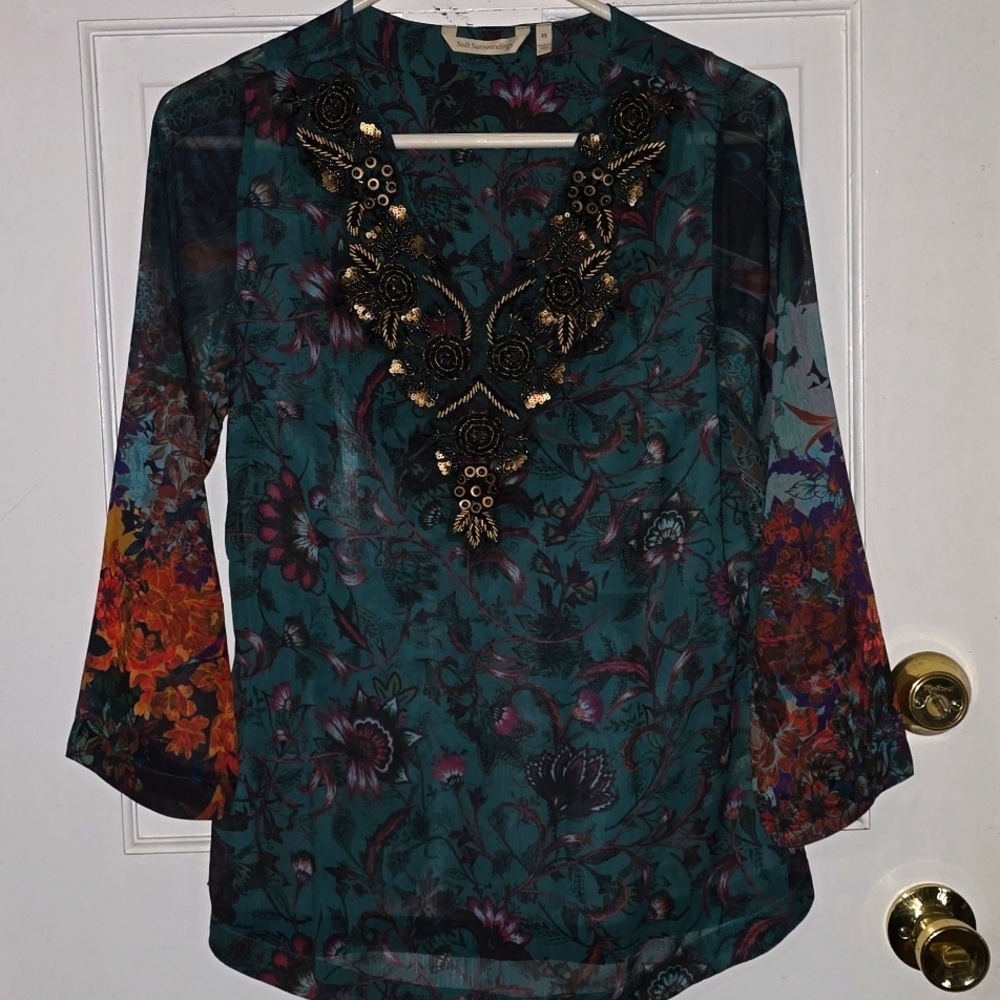 Gorgeous Sheer Floral and Beaded Flowing Blouse XS by Soft Surroundings Top